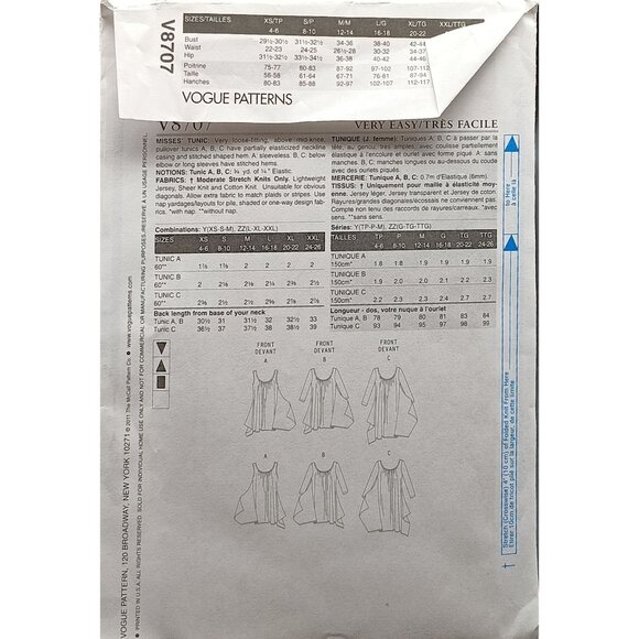 UNCUT Misses Tunic Sewing Pattern V8707 Vogue Easy Xsm-Sml-Med - Picture 2 of 2